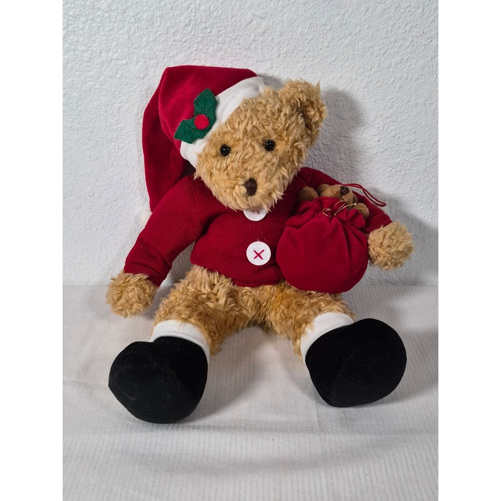 Russ Berrie Sammy Santa Teddy Bear Plush Red Sweater Hat with Mini Bear Sack